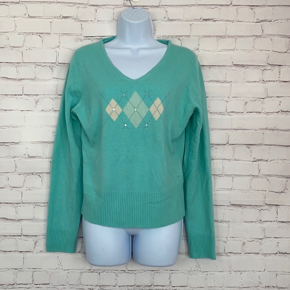 Grayson & Dunn 100% cashmere argyle v-neck sweater SZ Large - Picture 1 of 8